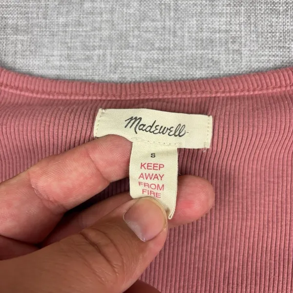 Madewell T-Shirt Womens S Pink Notch V-Neck Long Sleeve Ribbed Cropped Top - Image 3