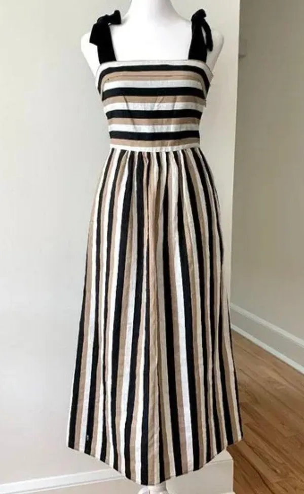 ZARA Beige, White, & Black Striped Self-Tie Strap Midi Dress - Image 5