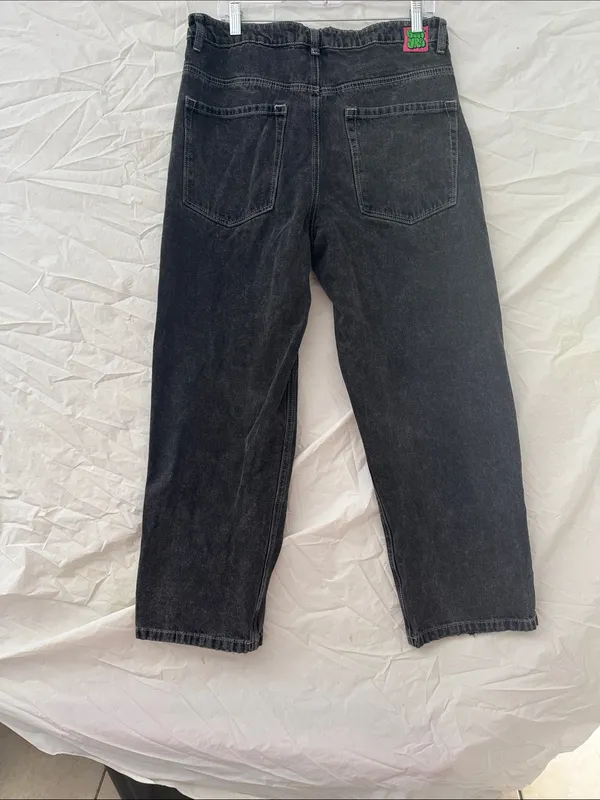 Empyre 90’s Y2K Skater Black Relaxed Wide Leg Jeans with Green Logo Accent - Image 4