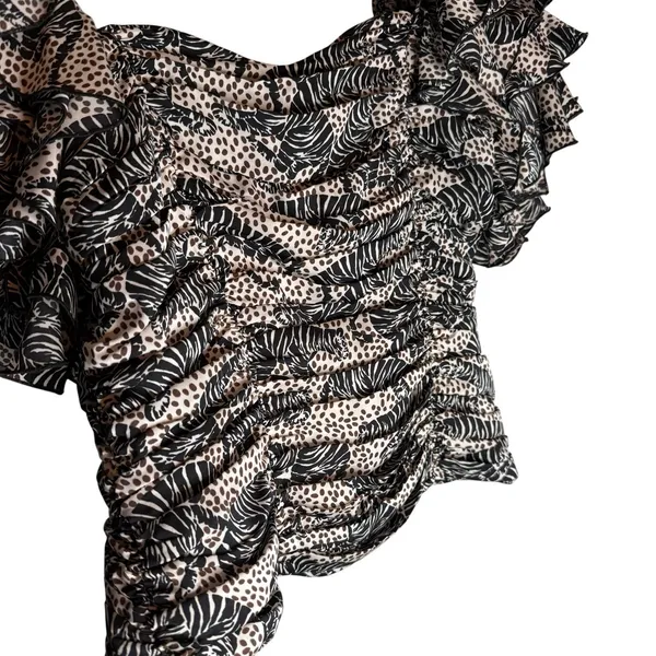 ZARA Blouse Small Tiger Animal‎ Print Ruffle Square Neck Ruched Statement RARE - Image 4