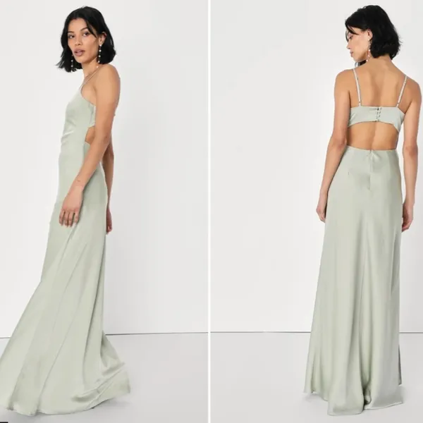 LULU's Bridesmaid Prom Wedding Sexy Open Back Satin Sage Green Maxi Dress - Image 4
