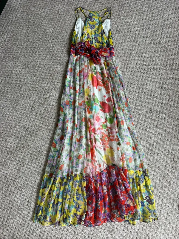 Anthropologie Yellow Floral Pleated Dress with Purple and Teal Accents size 0 - Image 4