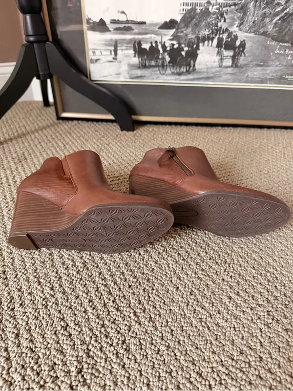 new directions Cognac Brown Vegan Leather Ankle Wedge Booties with Side Zip - Image 6