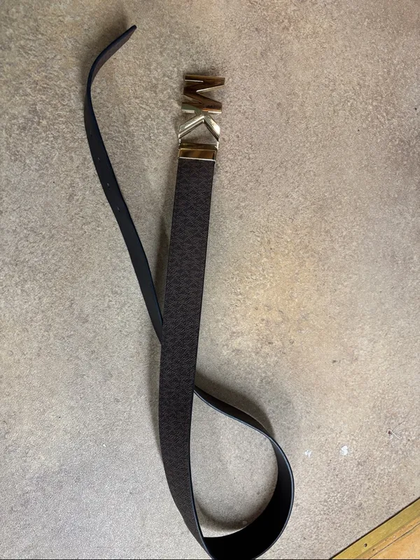 Michael Kors Brown Monogram Strap Belt with Gold MK Buckle - Image 2