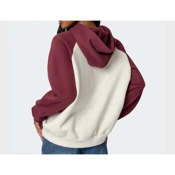 Edikted Womens Burgundy Grey Melange Raglan Bow Embroidered Fleece Hoodie XS - Image 2