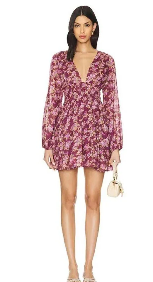 Free People Mauve Keep You Floral Smocked V Neck Mini Dress Berry Combo S - Image 11