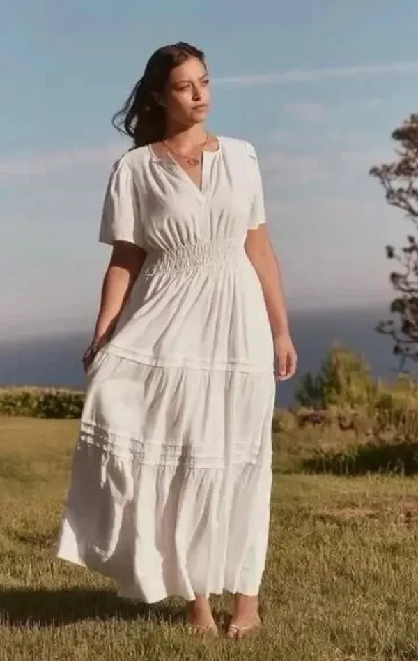 Anthropologie Somerset Linen Edition Maxi Dress White Smocked Tiered Boho Size Small - Image 5