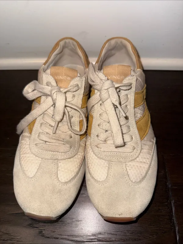 Vince Beige Suede Sneakers with Mustard Side Panels 6M - Image 2