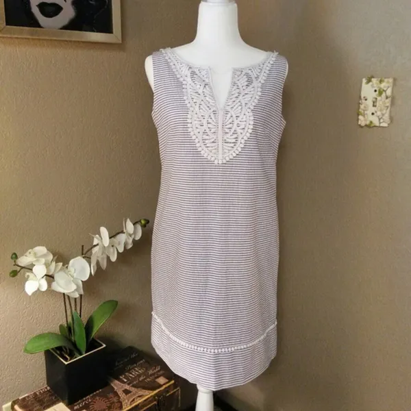 Eliza J Shift Dress Seersucker Stripe Crochet 12P - Image 8