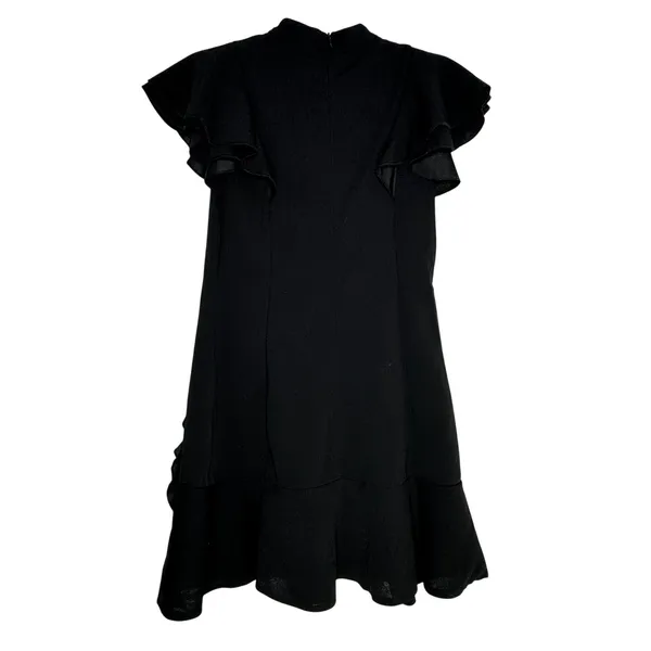 Black Ruffle Front Flutter Sleeve‎ Mini Dress High Neck Keyhole Small - Image 2