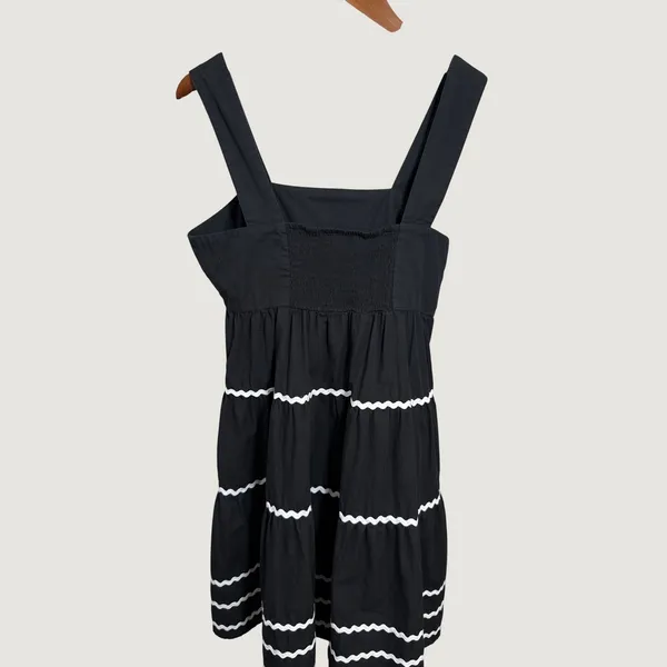 Nicoles Closet Black Cotton Ric Rac Tiered Midi Dress Smocked Back Pockets M - Image 5