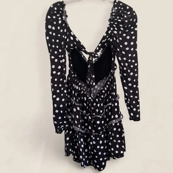 Majorelle black polka dot mini dress with ruffle details and tie-up front Small - Image 4