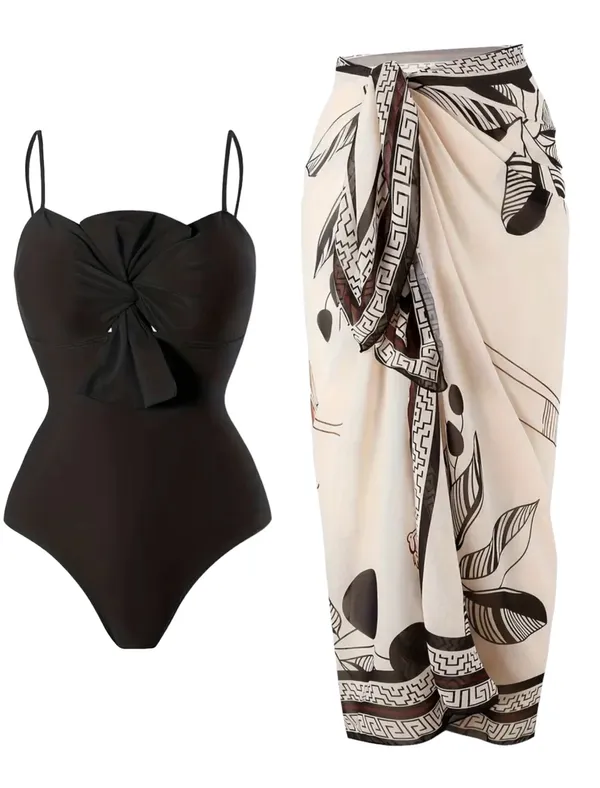 Andrea’s Deals NWT Two-piece Fashionable Bow One-piece Swimsuit, Solid Color Retro Black XL - Image 2