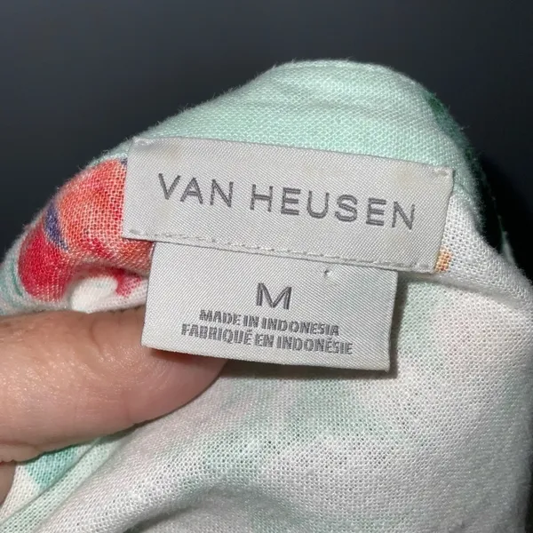 Van Heusen Mint Green & Orange Floral Linen Blend Split Neck Blouse M - Image 9