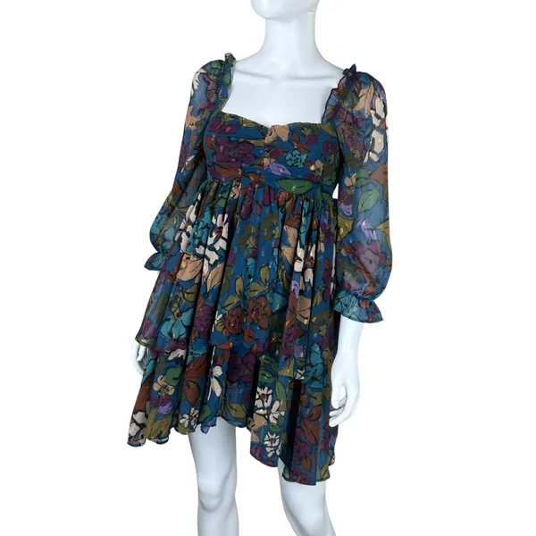 Meet‎ me in Santorini Floral Babydoll Dress Square Neck Tiered Ruffle Sleeve XS - Image 4
