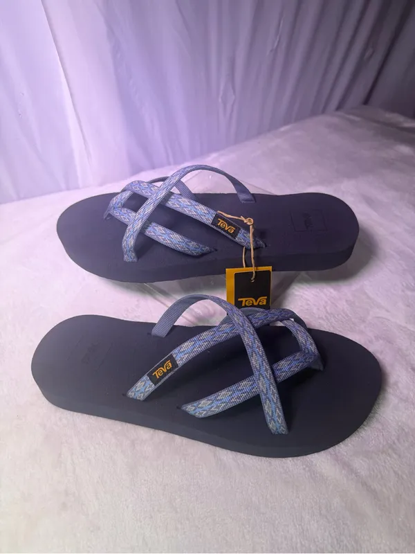 Teva Kids Navy Footbed Flip Flops with Blue Patterned Straps - Image 2