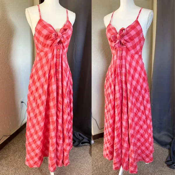 Free People Via Gingham Tie Front Midi Dress Womens Medium Pink Red - Image 12