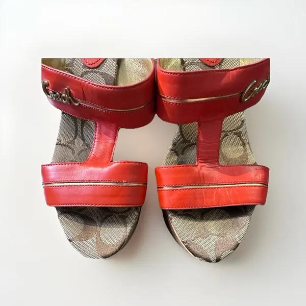 Coach‎ Jonah Leather Wooded Wedge Sandals Women' s Orange Gold sz 7B - Image 8