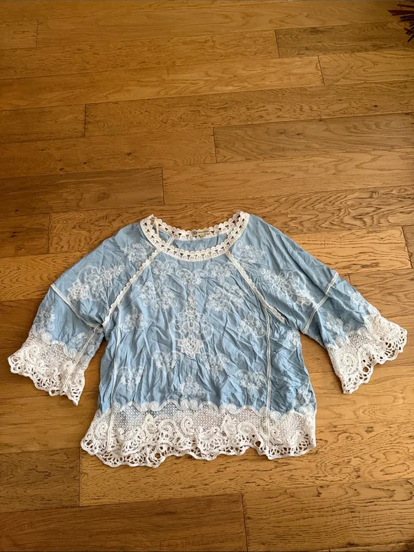 L - Democracy - Light Blue Boho Tunic with Cream Crochet Trim - Image 2