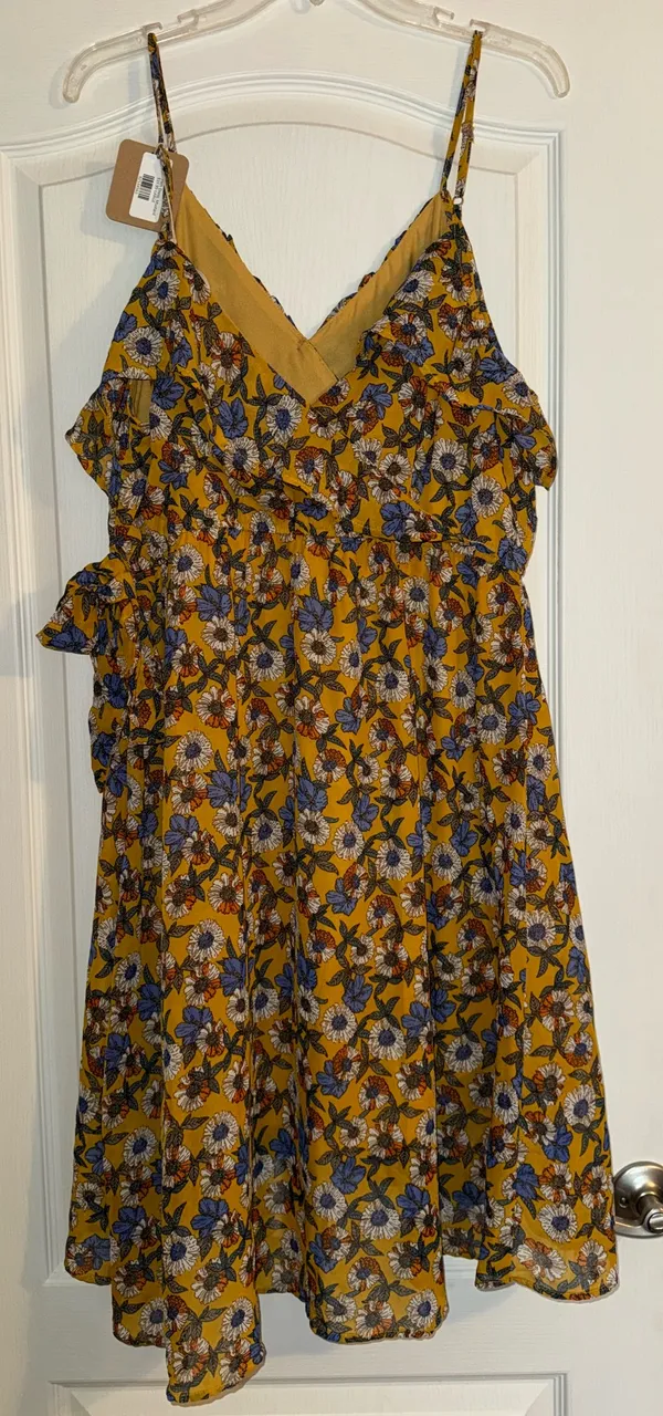 Love floral path mustard dress ruffle neck faux wrap dress 92534563 from glitzy girlz boutique NWT - Image 4