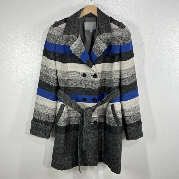 Classiques Entier Womens Wool Blend Belted Double Breasted Stripe Trench Coat‎ L - Image 2