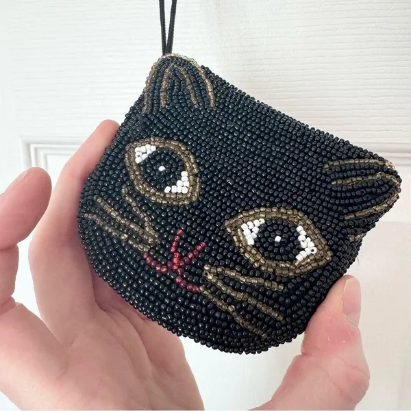 Vintage Art Deco handmade beaded black cat coin purse AS IS - Image 3