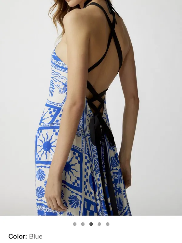 Urban Outfitters Strappy open back Blue & White Printed Halter Maxi Dress - Image 2