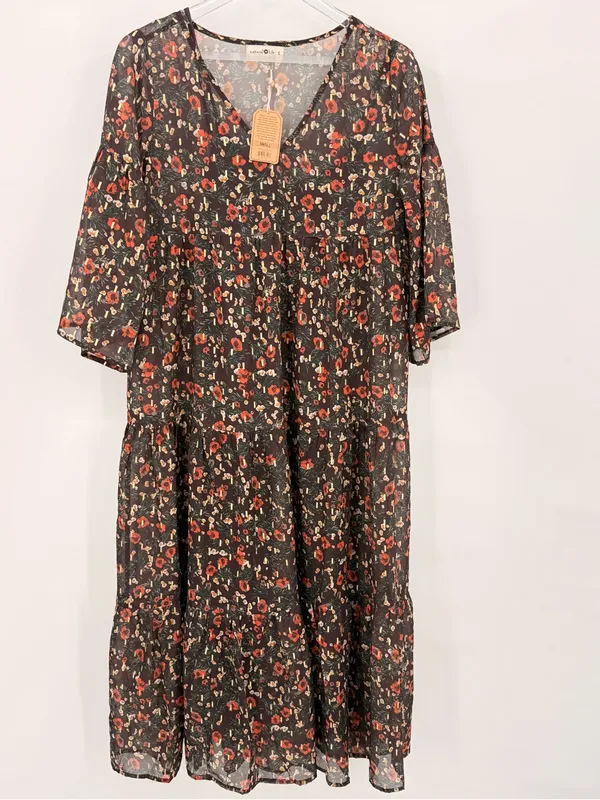 Natural Life Dress Size Small Brown Midi Floral V Neck Bell Sleeve Tiered Boho - Image 3