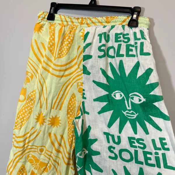 Anisa Anthropologie Soleil Wide Leg Sun Print Tassel Pants Green Yellow XS - Image 10