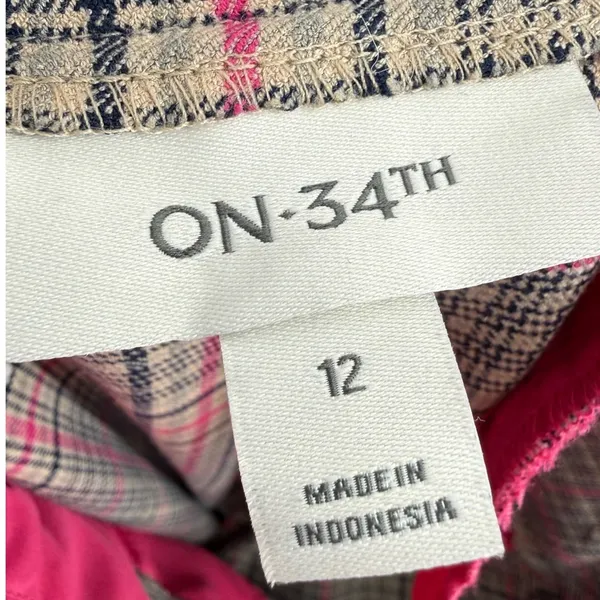 ON-34TH Womens Plaid High Rise Wide Leg Trouser Pants Tan Navy Pink Size 12 - Image 2