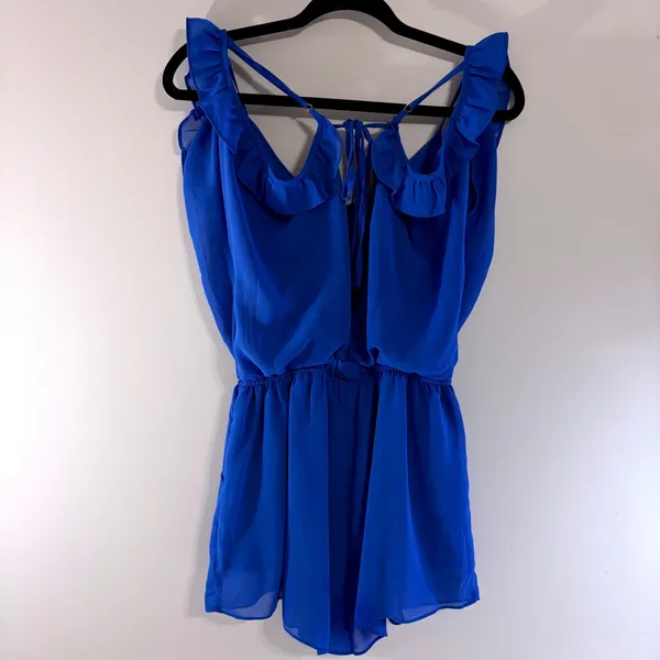 The Hanger Boho Blue Ruffle‎ Cold Shoulder Romper Strappy Back M Cottagecore - Image 6