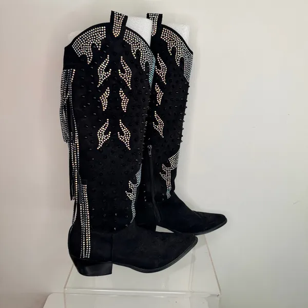 Nasty Gal Black Studded Diamante Suede Cowboy Fringe Boots - Image 4