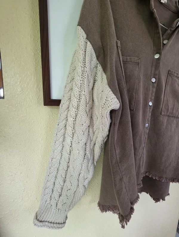 POL Cable Knit Sleeve Shacket Chocolate & Cream Small - Image 8