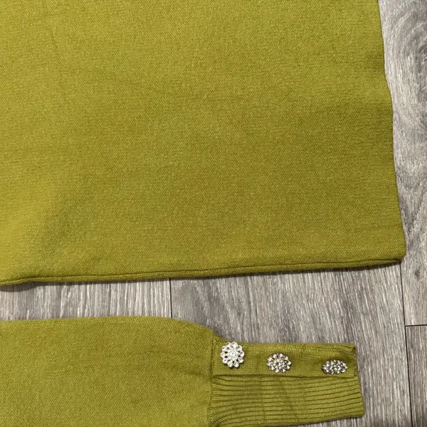 Cottagecore Mock Neck Puff Sleeve Sweater‎ Crystal Button Cuffs Olive Green Sz M - Image 8