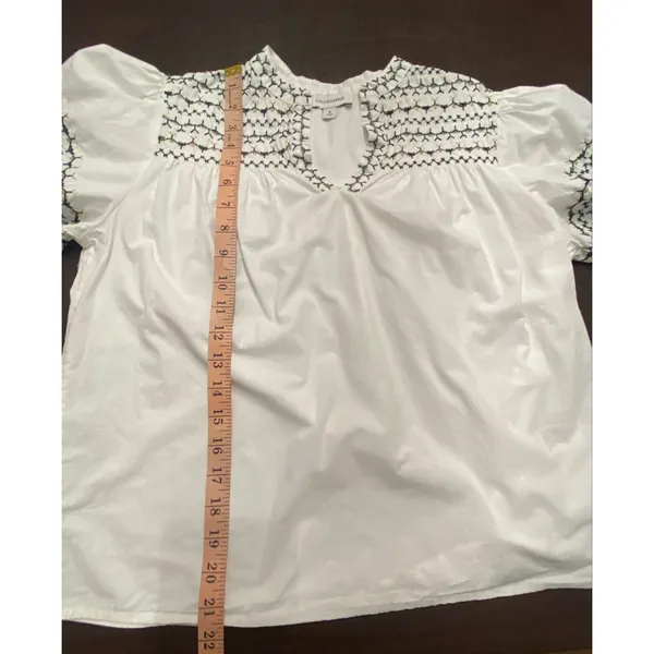 Calligraphie White Embroidered Peasant Blouse Cotton Boho Puff Sleeve Top Small - Image 6