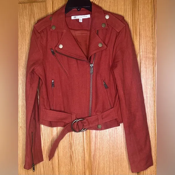 FRYE x Anthropologie Cropped Vita Cotton Moto Jacket in Burnt Cedar‎ Size XS - Image 7