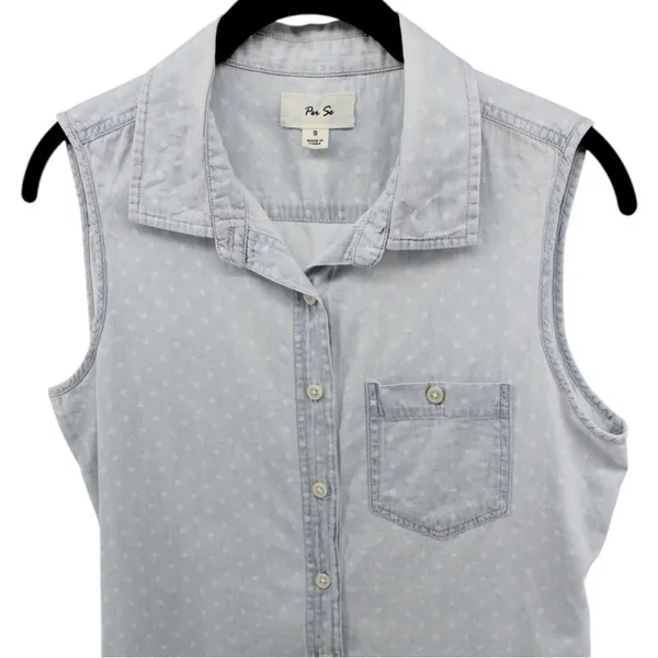 Per Se‎ Baby Blue White Polka Dot Chambray Button up Vest Country Rodeo Size S - Image 4