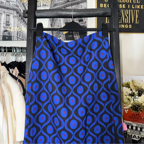 New Zara Blue Neoprene Geometric Print Midi Skirt XS - Image 8