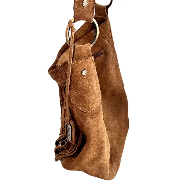 Vintage Y2K 90s Guess Tan Suede Fringe Western Bohemian Hobo Bag - Image 4