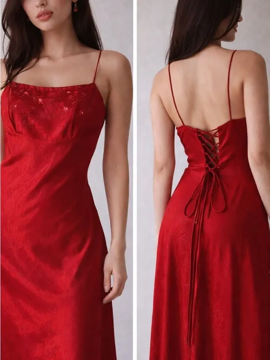 Vintage Y2K Red Satin Lace Up Slip Maxi Dress Size 5/6 Coquette Y2K‎ Glam - Image 3