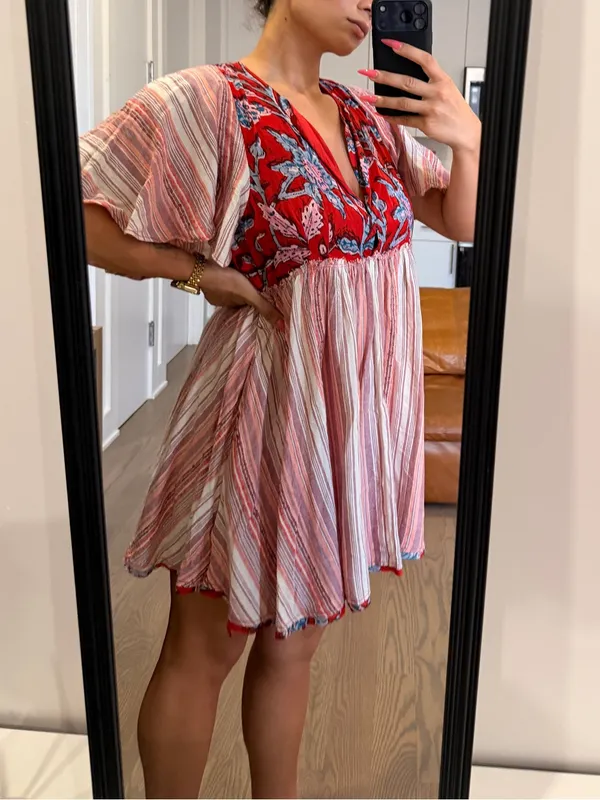 Free People Under The Sun Tunic Dress Floral Striped Red Rome - Image 5