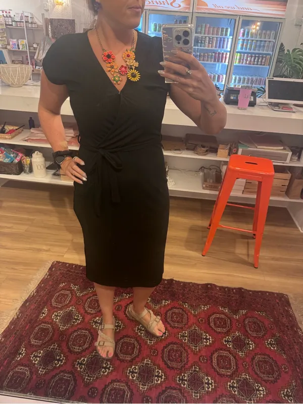 Ribbed Black Midi Wrap Dress with Waist Tie - Image 4