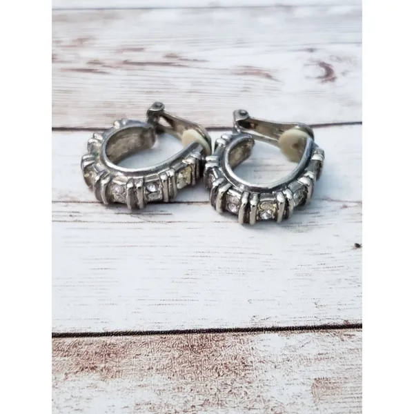 Vintage Clip On Earrings - Elongated Thick Hoops with Gems - Tarnished - Image 7