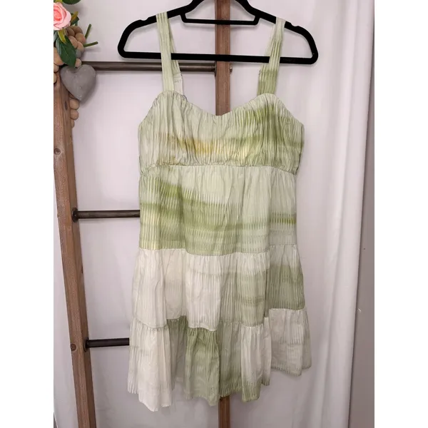 Express Green Tie Dye Ikat Tiered Linen Blend Mini Dress Womens Medium Boho - Image 2