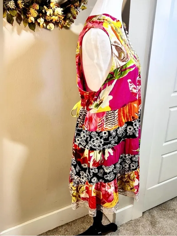 FREE PEOPLE Patchwork Dress Embellished Neck Back Cinch Boho Y2K Floral Sz M💛 - Image 6