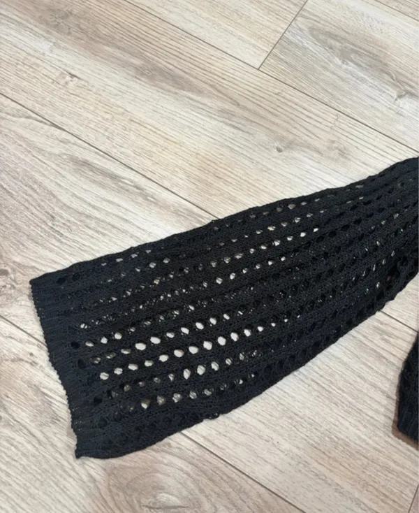 Black Crochet Open Knit Cropped Bell Sleeve Sweater S - Image 3