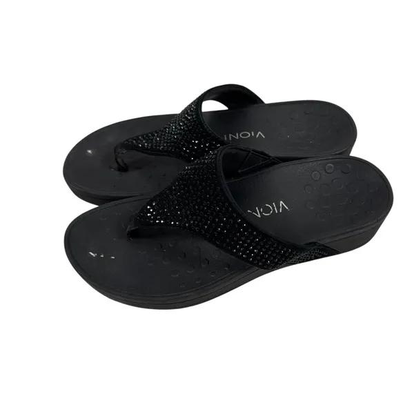 Vionic Naples Black Rhinestone Wedge Sandals Orthaheel Thong Slides Women 7 - Image 3