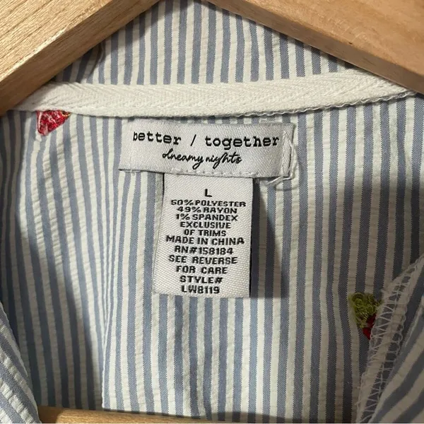 Blue and White Striped Button-Up Pajama Shirt with‎ Strawberries size Large - Image 6