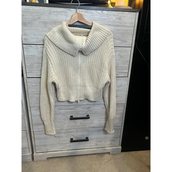 Aerie Cream Chunky Knit Full Zip Cropped Cardigan Sweater Oversized Collar Small - Image 3