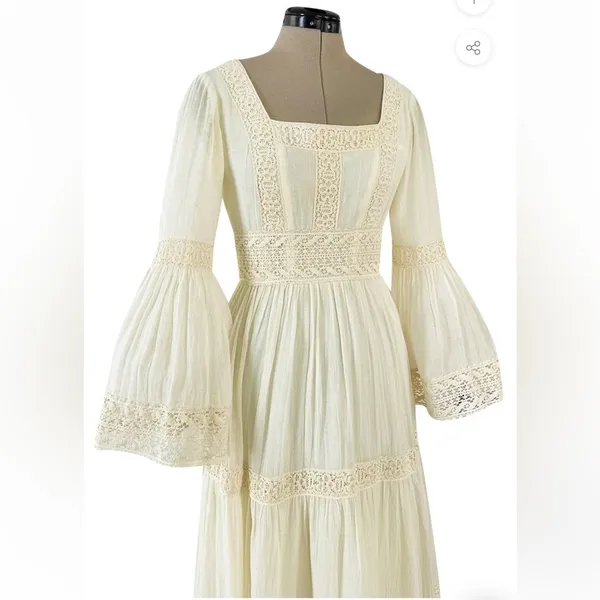 Victor Costa Mexican Wedding Dress Ivory Cotton Gauze & Lace Dress 1970 Size 0 - Image 12